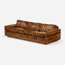 Sofa by Milo Baughman, c. 1975, Jack Lenor Larsen upholstery, walnut, sold Jul 2023