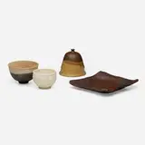 Collection of four works by Toshiko Takaezu, c. 1980, glazed porcelain, glazed stoneware, sold Jul 2023