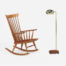 Robert Whitley, Rocker and floor lamp, walnut, hickory, brass-plated steel