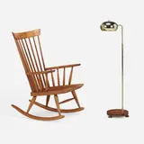 Robert Whitley, Rocker and floor lamp, walnut, hickory, brass-plated steel