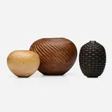 Collection of three vases by William Hunter, J. Paul Fennell, and Ray Key, cocobolo, masur birch, and ebonized wood, sold Jul 2023