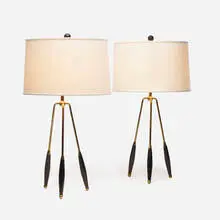 Gerald Thurston, Table lamps, pair, c. 1960, brass, lacquered wood, linen