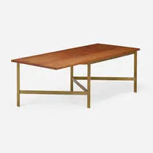 BassamFellows, Plank dining table, model CB-334, c. 2015, teak, brass