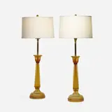 Marbro Lamp Company, Cenedese table lamps, pair, c. 1960, acid-etched Murano glass, enameled wood, brass