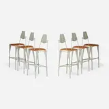 Robert Josten, Bar stools, set of six, c. 1975, cherry, cast and powder-coated aluminum
