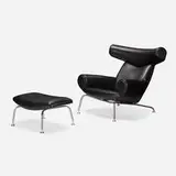 Ox chair and ottoman by Hans J. Wegner, leather, matte chrome-plated steel, sold Jul 2023