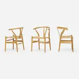 Wishbone chairs, set of three by Hans J. Wegner, oak, paper cord, sold Jul 2023