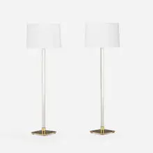 Hanson Lighting Co., Floor lamps, pair, c. 1970, glass, brass, linen, plastic