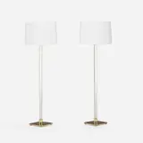 Hanson Lighting Co., Floor lamps, pair, c. 1970, glass, brass, linen, plastic