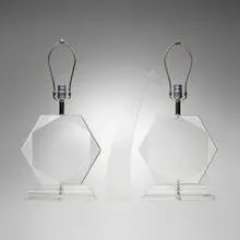 Lamps, pair by Modern, c. 1975, acrylic, chrome-plated metal, linen, sold Jul 2023