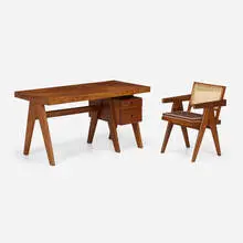 Pierre Jeanneret, Chair from Chandigarh, c. 1960, teak, mahogany, cane, upholstery