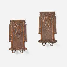 attribution Charles Frederick Eaton, Sconces with eucalyptus, pair, c. 1910, handwrought copper