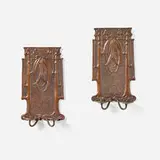 attribution Charles Frederick Eaton, Sconces with eucalyptus, pair, c. 1910, handwrought copper