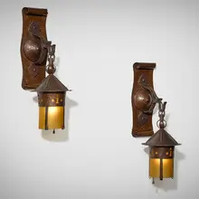 Gustav Stickley, Sconces, pair, c. 1909, handwrought copper and iron, amber glass