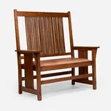 Gustav Stickley, Spindle settee, model 286, c. 1905, oak, upholstery
