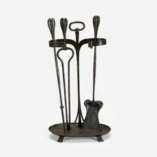 Gustav Stickley, Rare four-piece fireplace tool set, model 138, c. 1909-11, wrought iron