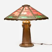 Limbert, Scenic overlay table lamp, c. 1910, handwrought copper, slag glass