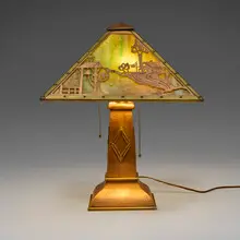 Limbert, Scenic overlay table lamp, c. 1910, copper, brass, slag glass