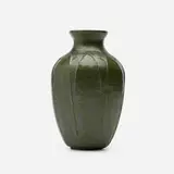 Early vase with overlapping leaves by Florence Liley for Grueby Faience Company, sold Dec 2025