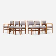 Frank Lloyd Wright, Dining chairs, set of six, 1955, mahogany, upholstery