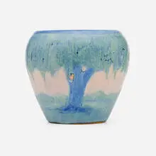 Twilight scenic cabinet vase with live oaks and Spanish moss by Anna Frances Simpson for Newcomb College Pottery, sold Dec 2025