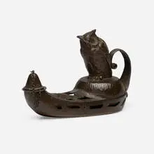Joseph Heinrichs, Cigar lamp with owl, c. 1910, patinated copper and bronze
