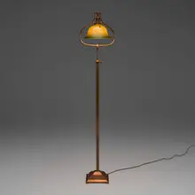 Quezal, Fishnet shade on Arts & Crafts floor lamp base