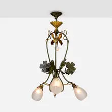 Chandelier with four-leaf clovers, foliage and tendrils by Art Nouveau, painted and gilt brass, frosted and cut glass, sold Dec 2025