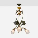 Art Nouveau, Chandelier with four-leaf clovers, foliage and tendrils, painted and gilt brass, frosted and cut glass