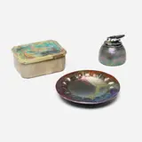 Pewabic Pottery, Collection of three smoking accessories, 1915-30, iridescent-glazed earthenware
