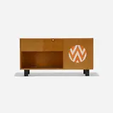stereo cabinet, model 4743 by George Nelson & Associates, c. 1955, combed oak, lacquered wood, upholstery, aluminum, sold Sep 2017