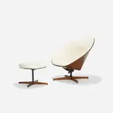 George Mulhauser, lounge chair and ottoman, c. 1960, walnut plywood, vinyl, enameled steel