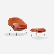Eero Saarinen, Rare Womb chair and ottoman, leather, chrome-plated steel