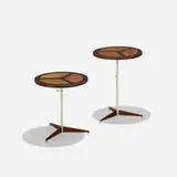 Howard McNab and Don Savage, adjustable occasional tables, pair, 1961, lacquered walnut, enameled steel, walnut