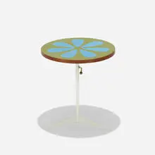 adjustable occasional table by Howard McNab and Don Savage, 1961, screenprinted laminate over plywoood, enameled steel, walnut, chrome-plated steel, sold Sep 2017