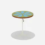 Howard McNab and Don Savage, adjustable occasional table, 1961, screenprinted laminate over plywoood, enameled steel, walnut, chrome-plated steel