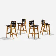 Henry Kann, bar stools, set of four, 1947, birch, canvas webbing, enameled steel, aluminum