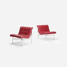 Ross Littell, New York lounge chairs, pair, 1952, leather, chrome-plated steel, enameled steel
