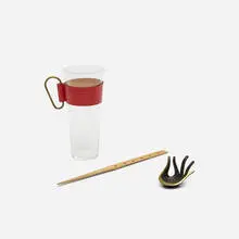 Carl Auböck III, bar accessories, c. 1953, glass, bamboo, cast bronze, leather, brass