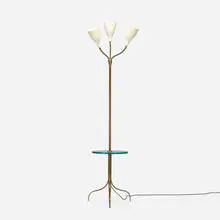 floor lamp by Stilnovo, c. 1950, brass, glass, enameled aluminum, sold Jul 2017