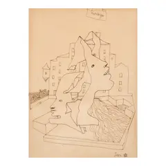 Jean Cocteau, Trois fantômes se promenant devant une maison, 1938, pen and brown ink on paper