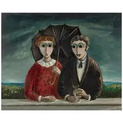 Yosl Bergner, Couple, circa 1960, oil on card laid down on canvas