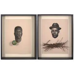 Whitfield Lovell, Two Works from Kin Series, 2009, conté crayon, globe bank and collage on paper