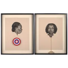 Whitfield Lovell, Two Works from Kin Series, 2008, conté crayon, collage, and wooden target on paper