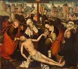 Niederrheinischer oder westfälischer Meister, Beweinung Christi mit einem Stifter. Um 1490, Öl auf Holz