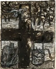 Georg Baselitz, Ohne Titel (Kreuz). 1964–1965/66, Tusche, Kreide, Wachskreide, Bleistift und Deckweiß auf Papier