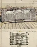 Wrapped Reichstag by Christo, 1977, Collage mit Photographie, Bleistift, Nylongewebe, Pastell und Zwirn, unter Plexiglas gerahmt, sold Nov 2007