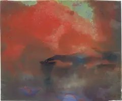 Emil Nolde, Dampfer auf hoher See / Abendliches Meer und Dampfer, Um 1935, Aquarell auf Japan