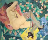 Georg Tappert, Liegender Akt mit Strümpfen und Schuhen, 1923, Öl auf Pappe