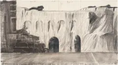 Christo, THE WALL (PROJECT FOR A WRAPPED ROMAN WALL), 1974, Grafit, Farbkreide, Bleistift und Kohle auf Velin